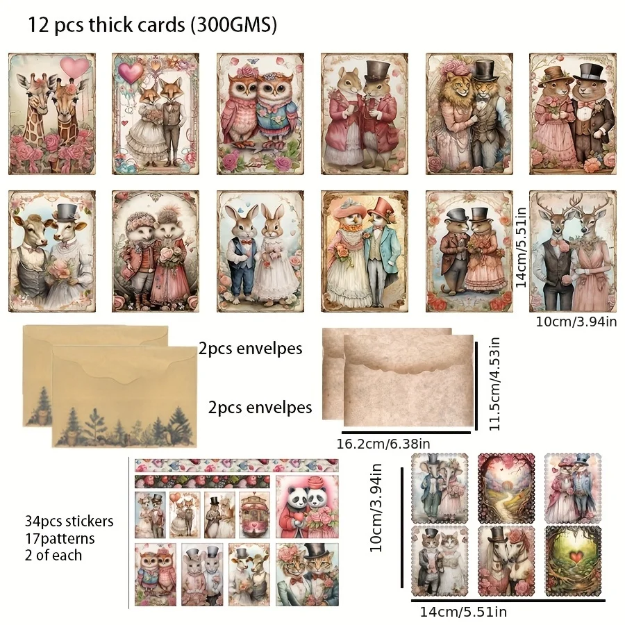 50pcs Card and Sticker Envelope Set Valentine's with Woodland Animal Ptterns for Wedding Flag DIY Bottle Scrapbooking