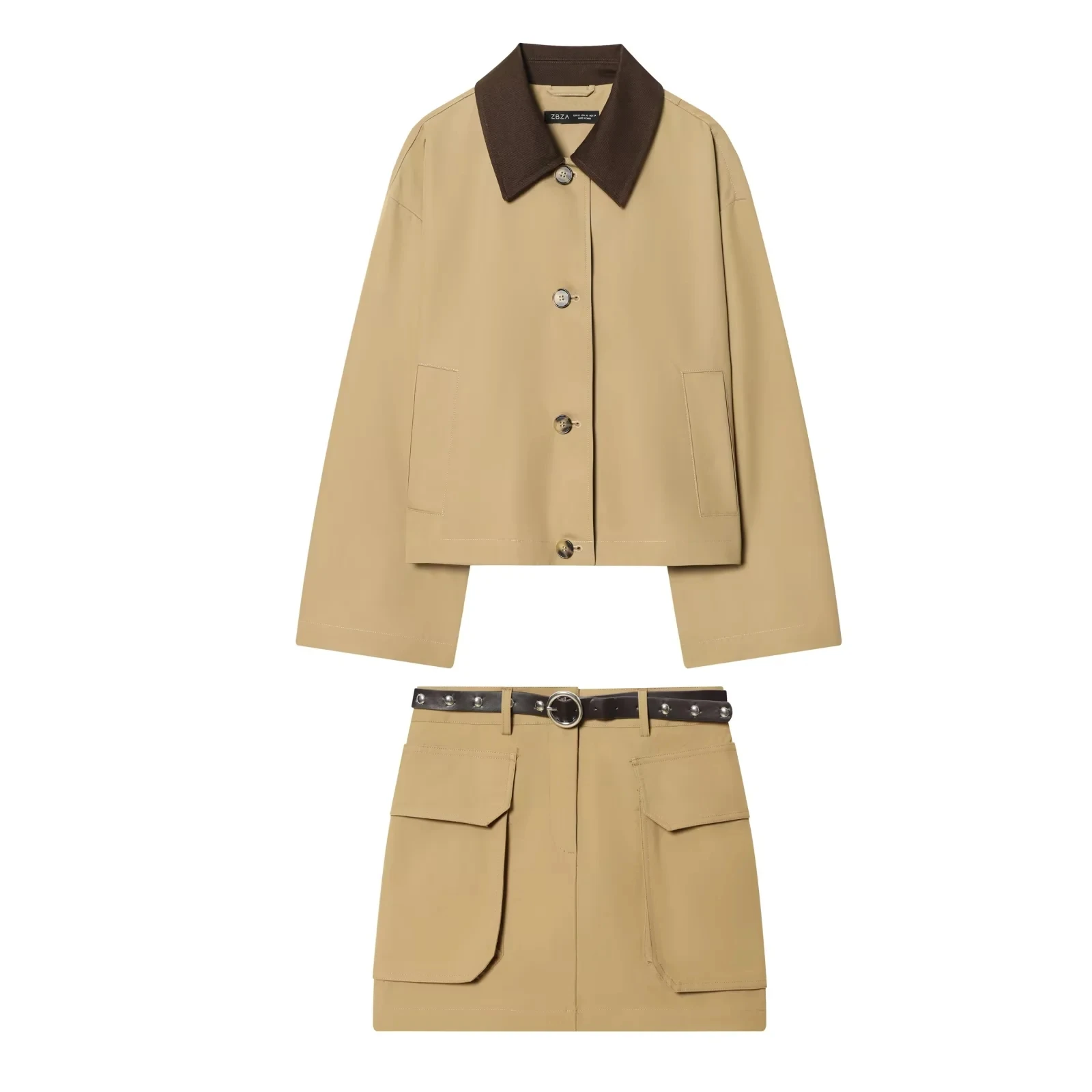 KONDALA Vintage Chic Khaki Einfarbiger Damenanzug mit Umlegekragen, Einreiher-Mantel, Gürtel, Taschen und Rock – Modische Urlaubssets 2026 – Detail 3