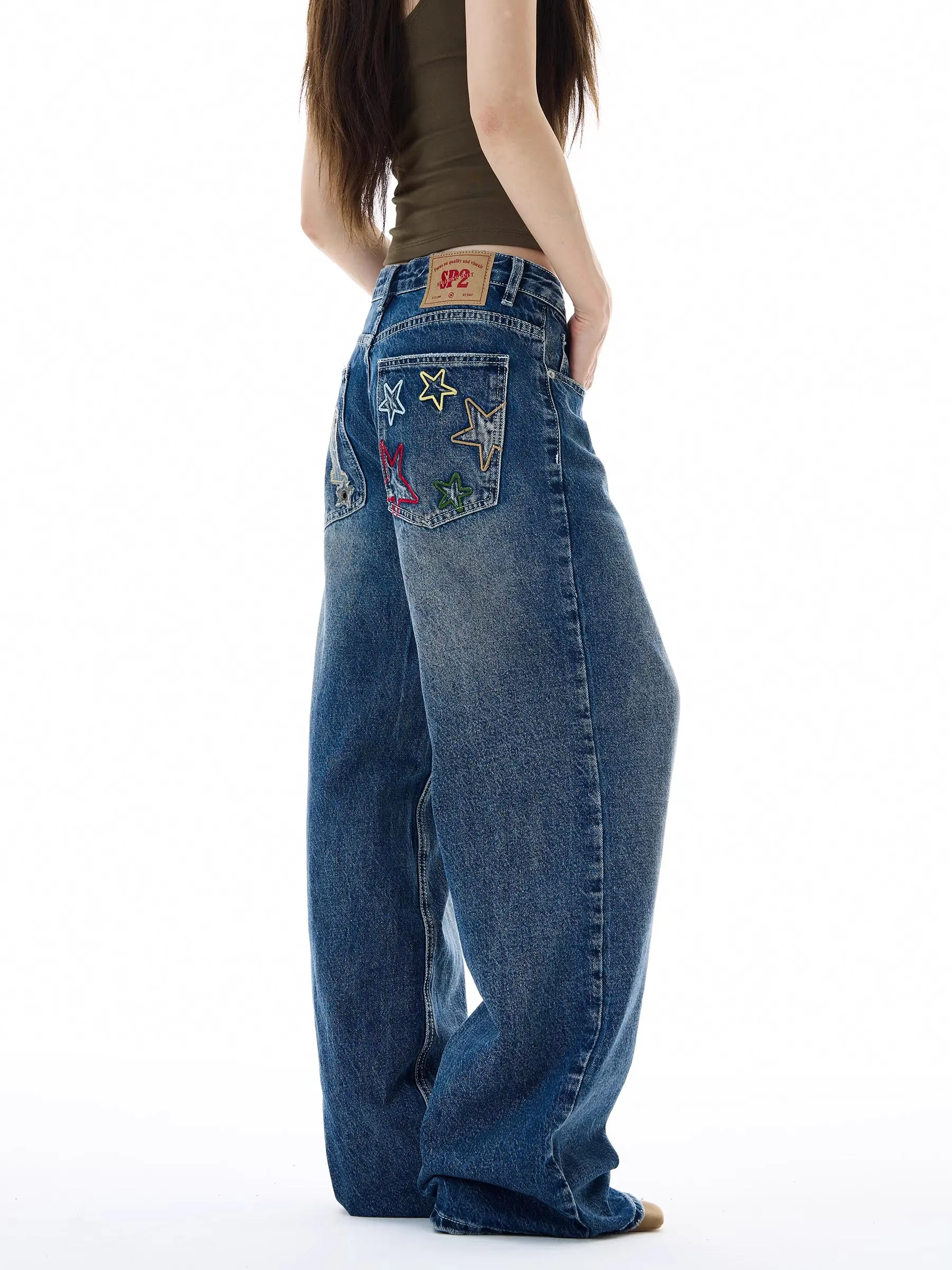Women's Loose Straight Leg High Street American Style Jeans Wide Leg Trousers with Patch Design Couple Trendy Brand