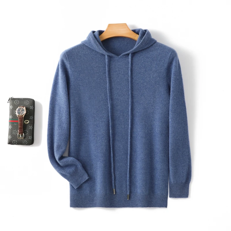 Autumn and winter cashmere sweater men's hooded loose sweater 100% pure wool solid color bottoming sweater 2