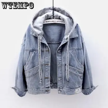 WTEMPO 여성용 스플라이스 후드 드로스트링 긴 소매 데님 코트, 단추 다운 후드, 블루 블랙 진, 용수철 가을 아우터