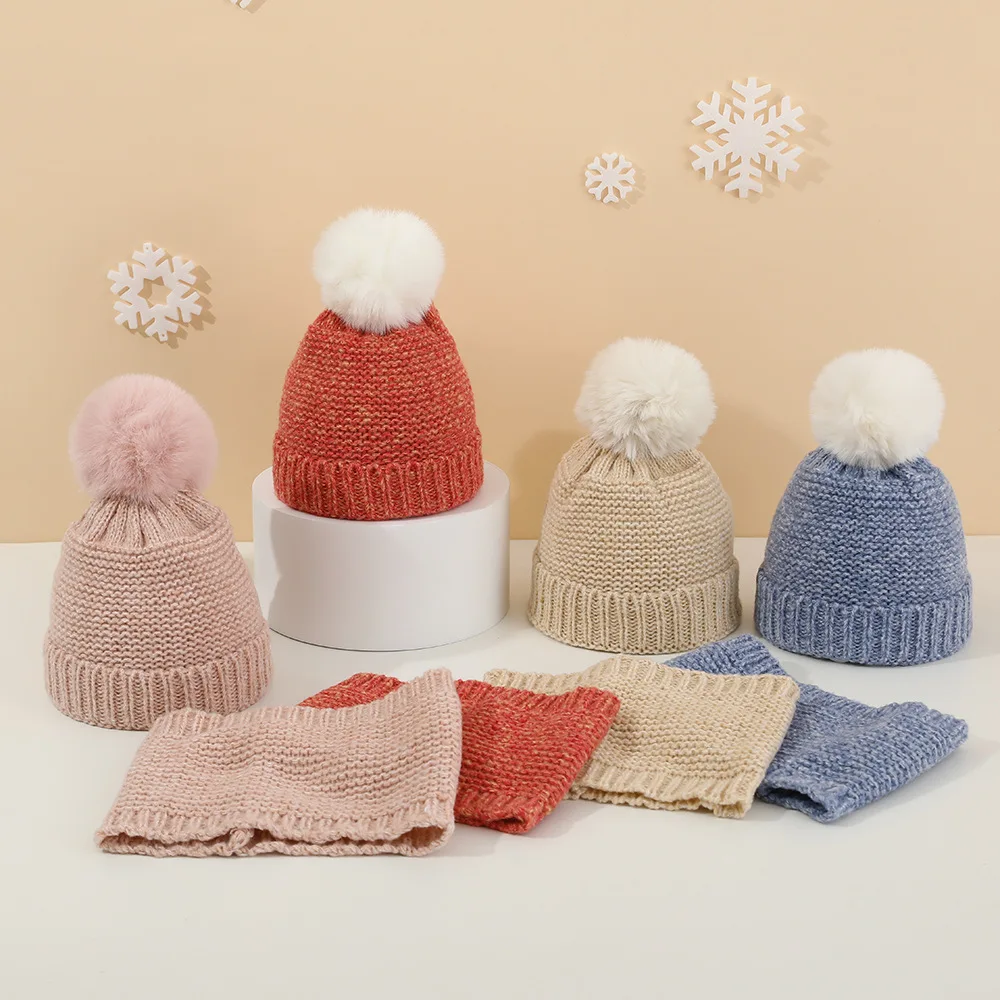 Infant Hat Scarf Set Winter Solid Color Ear Protection Warm Baby Outdoor Hats Children's Scarf Fur Ball Beanies For Kids