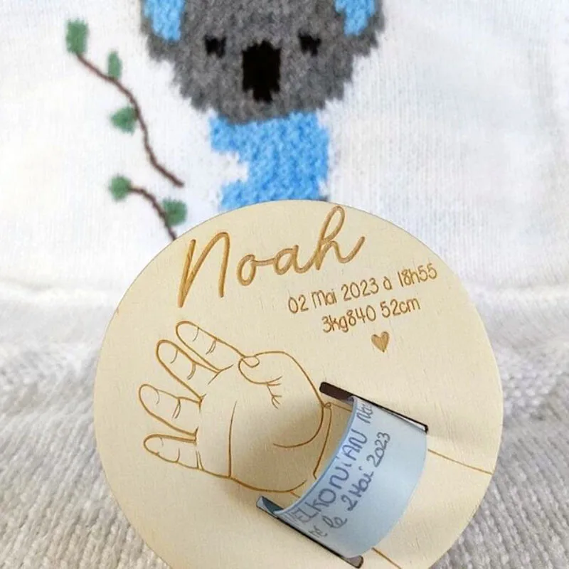 Supporto In Legno Naturale Per Braccialetto Neonato – Incisione Personalizzabile, Per Baby Shower E Ricordo Di Nascita