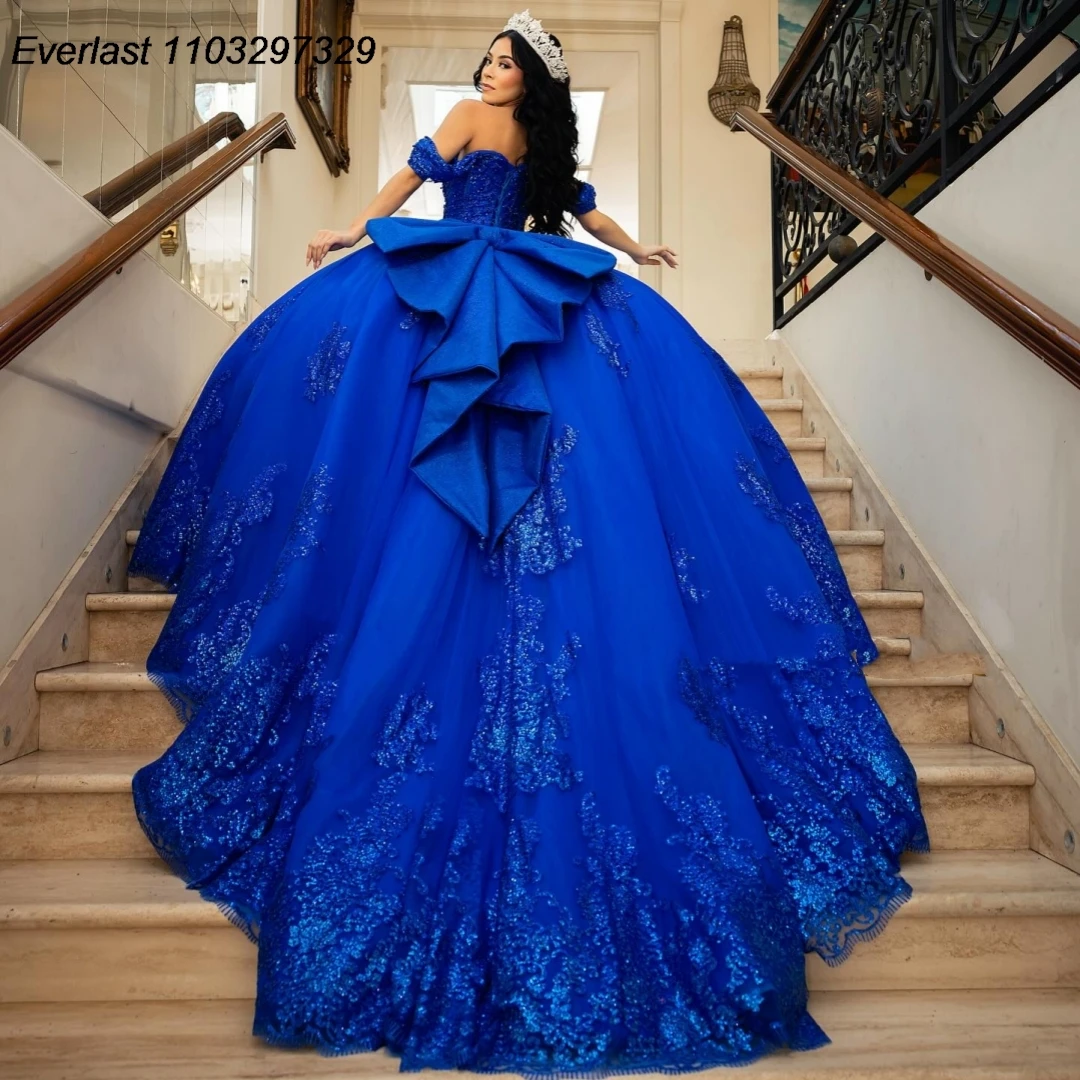 Quinceanera Dresses EVLAST Glitter Royal Blue Quinceanera Dress Ball Gown Sequins Applique Beaded Bow Sweet 16 Vestidos De 15 Anos TQD785