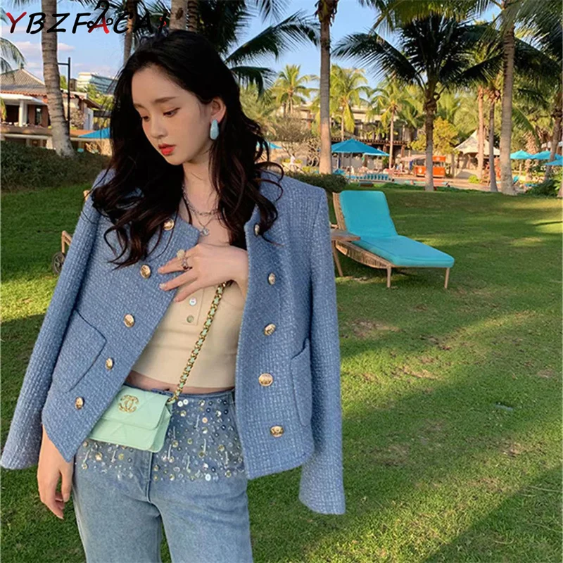 

Женская твидовая куртка с длинным рукавом, маленькая двухбортная куртка в стиле ретро, укороченный топ зеленого цвета, осень 2022