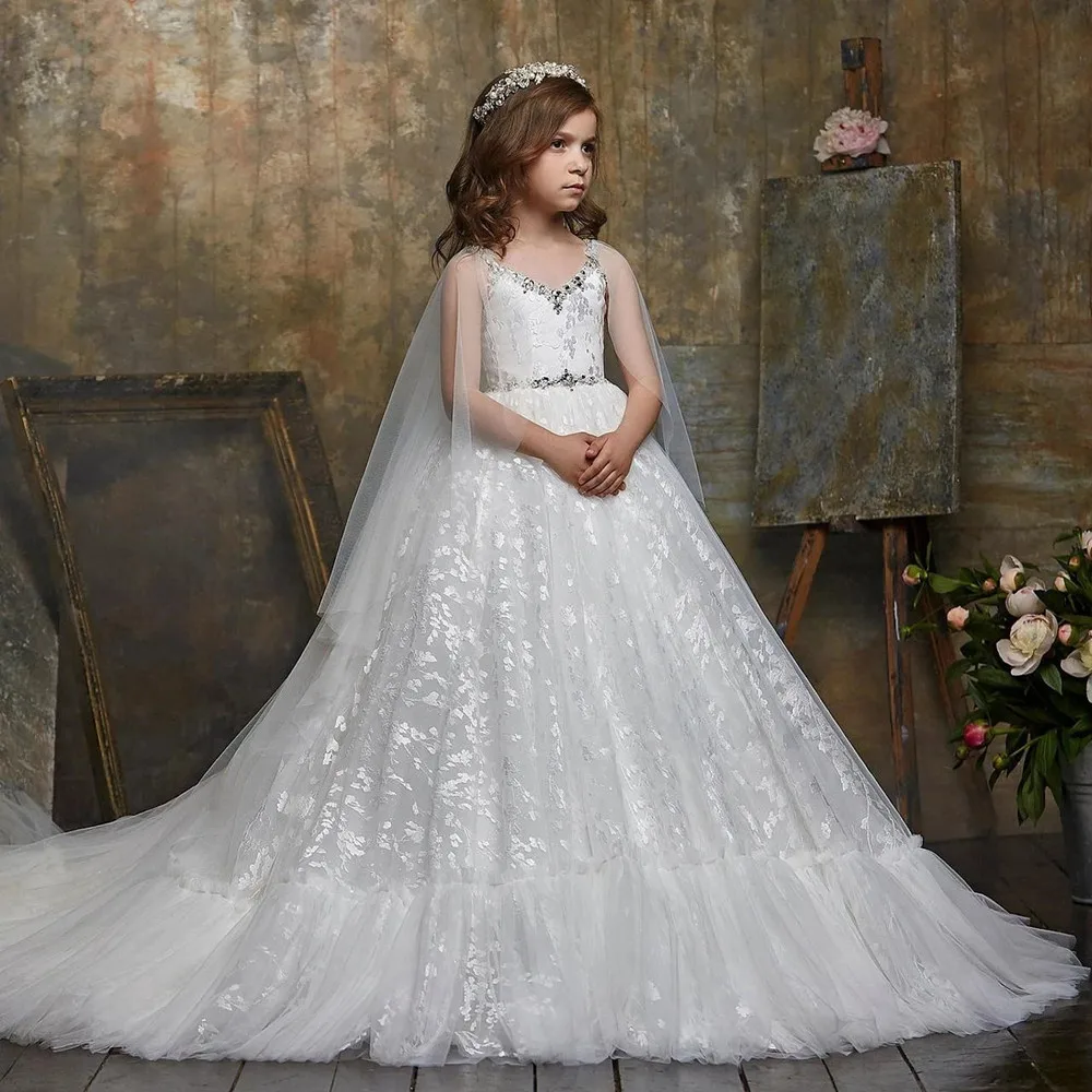 

Ivory white Tulle Lace Girls First Communion Dress with Cape V Neck Beaded Waisted Ball Gown Flower Girl Dress Party Gown