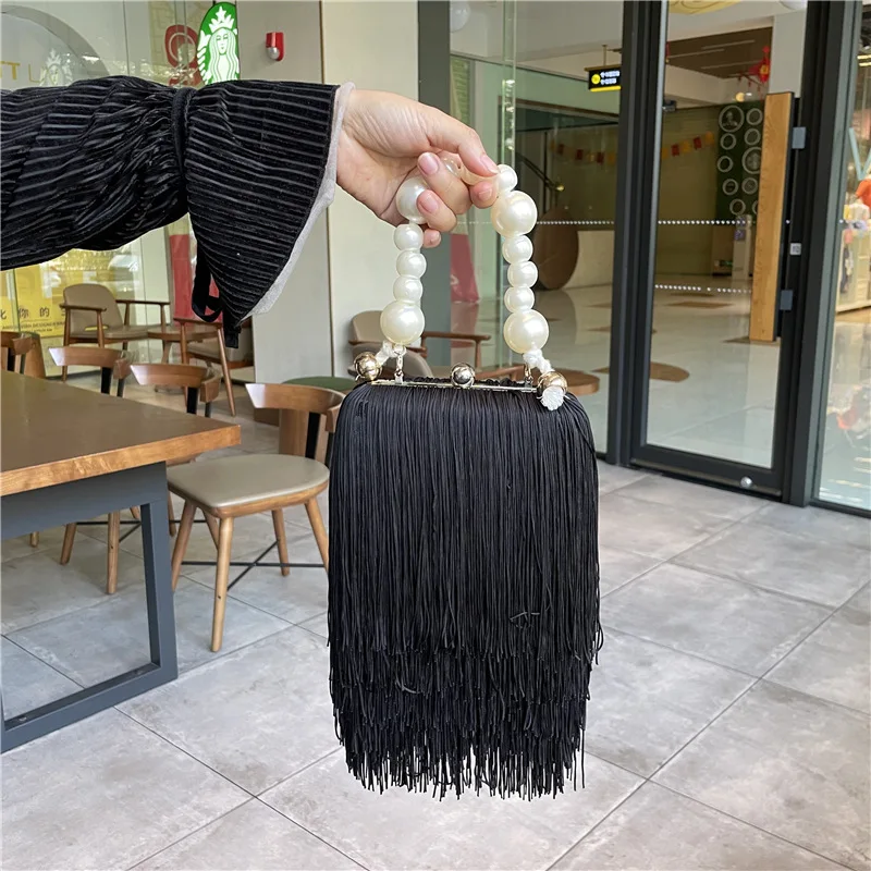 

Evening Bag Fashion Fringed Armpit Bag Women's Bags Pearl Chain Top-Handle Bags Dinner Bag Black Luxury Bag