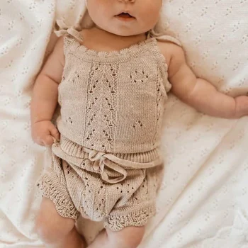 0-18M Baby Girls Summer Shorts Sets Solid Color Sling Lace-up Knitted Backless Rompers Drawstring Shorts Outfits for Photography 1