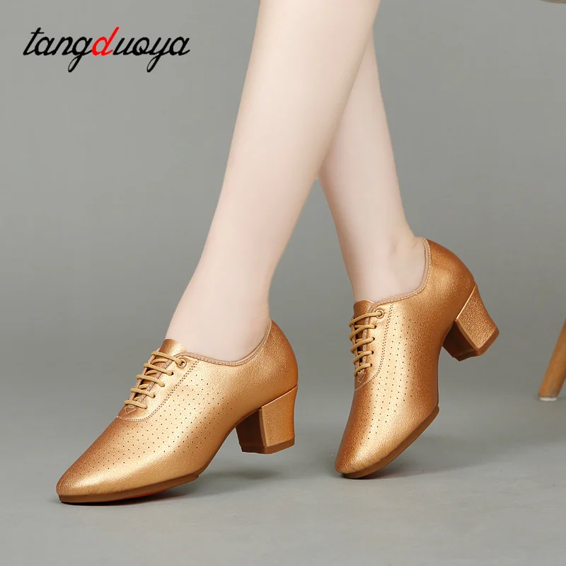 

New Gold Latin Shoes Women Outdoor Dance Shoes Waltz Tango Ballroom Woman Indoor Soft Leather Cow Muscle Sole Modern Jazz Shoes