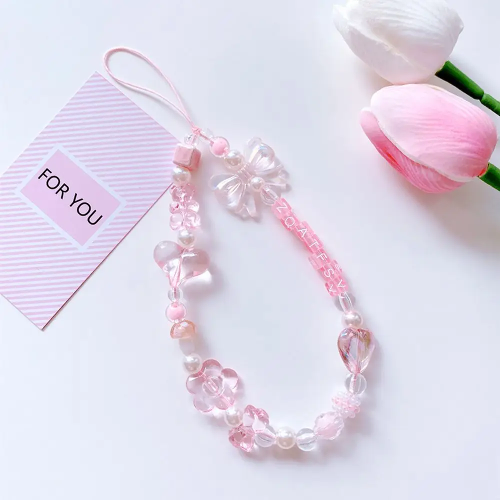 Pink Beaded Acrylic Phone Charm Wrist Strap Lanyard