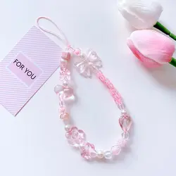Pink Beaded Acrylic Phone Charm Wrist Strap Lanyard (Pink)