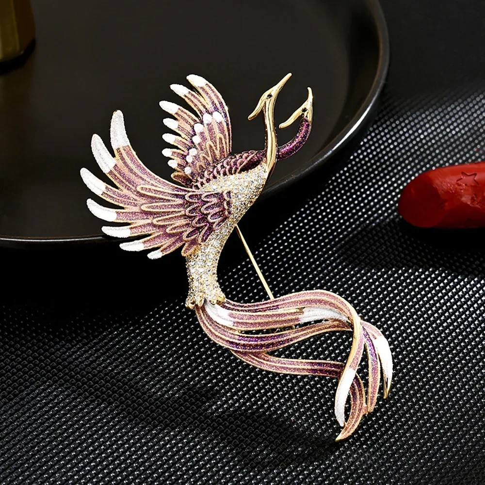 Exquisite Rhinestone Phoenix Brooch for Women Luxury Enamel Color PINs Fashion Cloth Bags Accessories Elegant Bird Jewelry Gifts