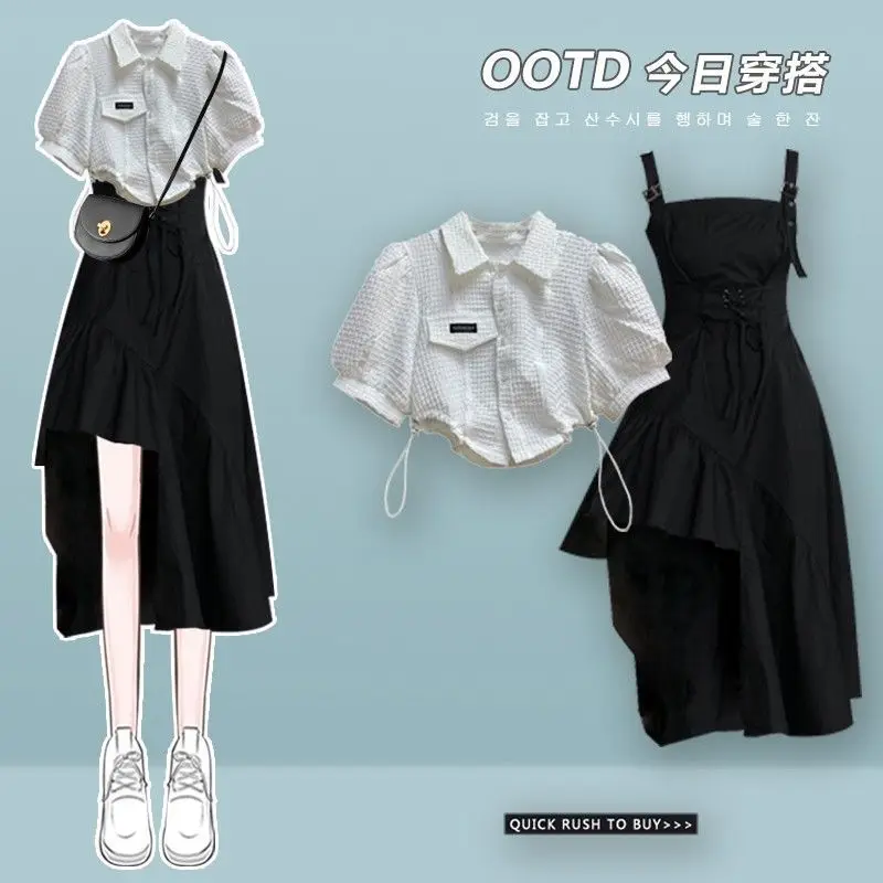 

Sling Dress Short Coat Suit 2022 Summer Puff Sleeve Short-sleeved Shirt Black Irregular Suspender Dress Suit Women's Clothes
