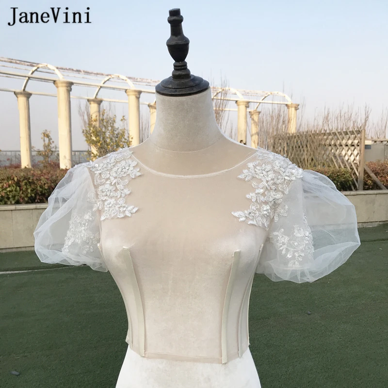 

JaneVini Ivory Bridal Lace Cape Puff Sleeves Appliques Beaded Tulle Top Women Wraps Shawls for Wedding Dress Bolero De Mariage