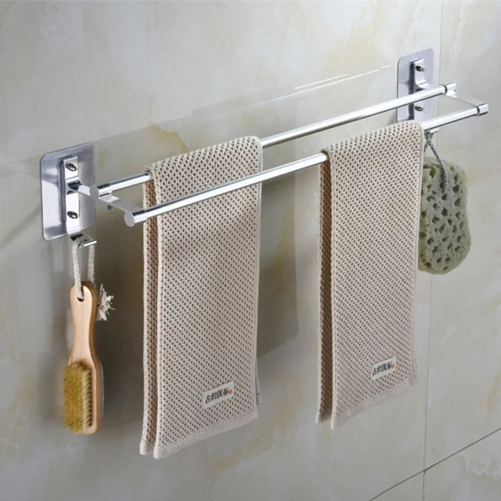 Towel Hanger Bars 40-60CM 2 Pole Punch-Free Shower Clothes Hanging Wall Rack Silver Aluminum Holder Hook Bathroom Accessories towel holder towel rack bathroom facilities