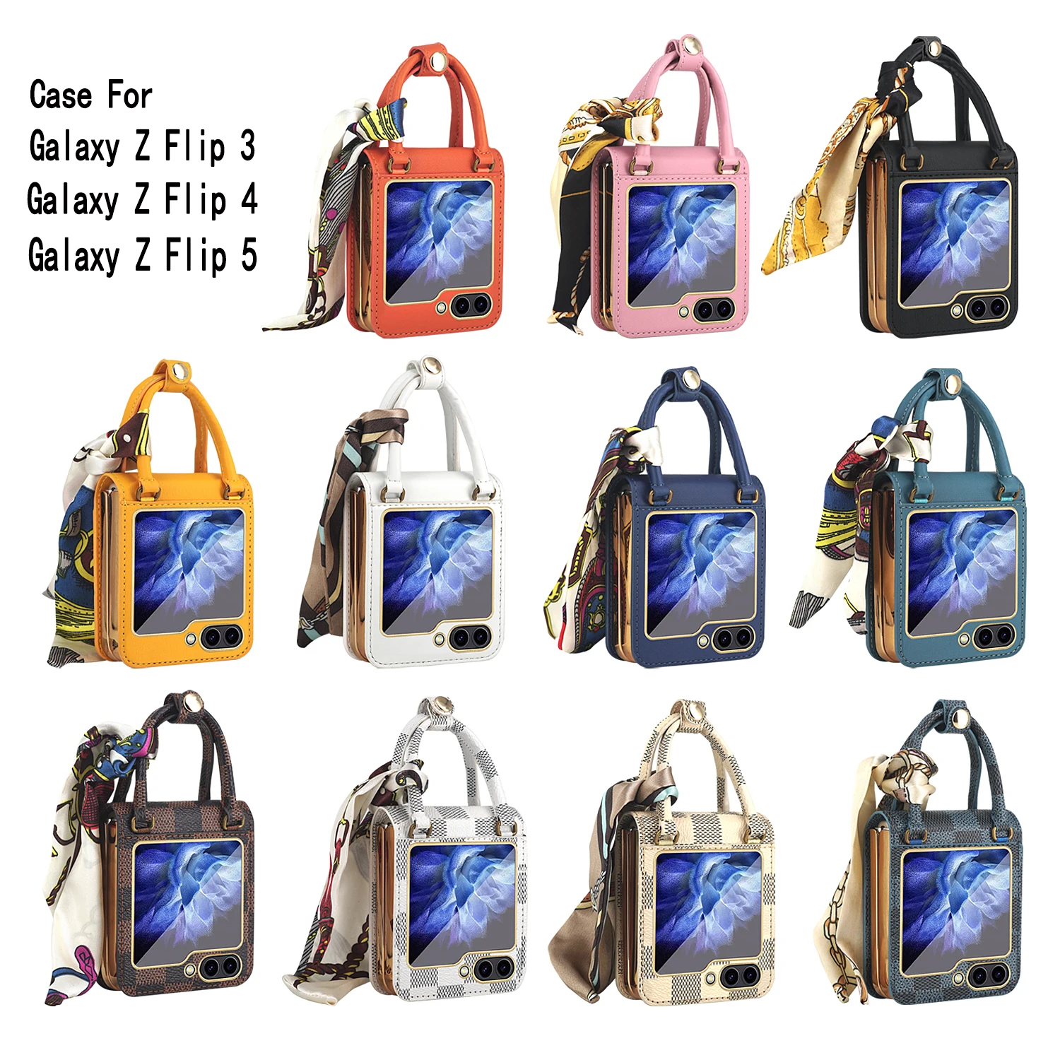 Premium Leather Case for Samsung Galaxy Z Flip 5 4 3 ZFlip5 Hand Grip Elegant Silk Scarf Chain Wrist Strap Handbag Style Cover