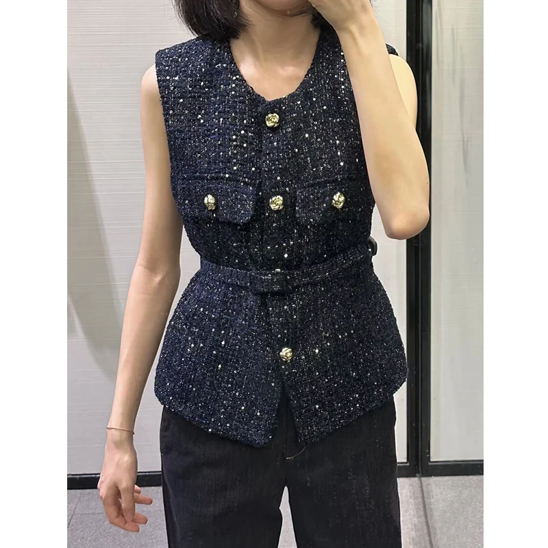 TRAF Vest Jackets Women's Autumn 2024 New Jacket Coat Fashion Slim Belt O-neck Street Joker Youth Coat Vest