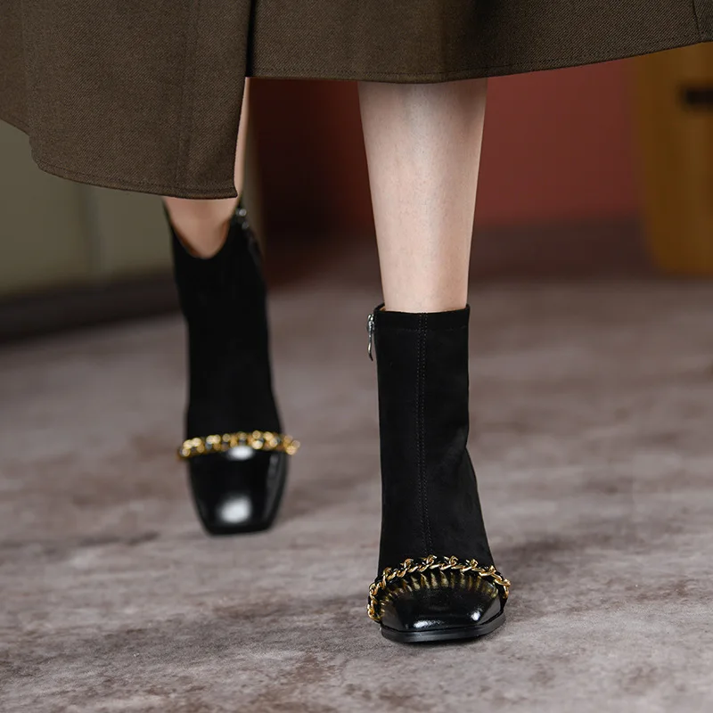 

2022 New French Style Square Toe Chunky Heel High-heeled Short Boots for Women Autumn and Winter Single Boots for Women