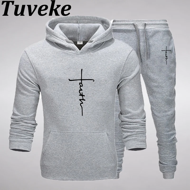 Tuveke's latest men's autumn and winter Faith logo casual wild jogging sports suit solid color hooded drawstring fitness suit