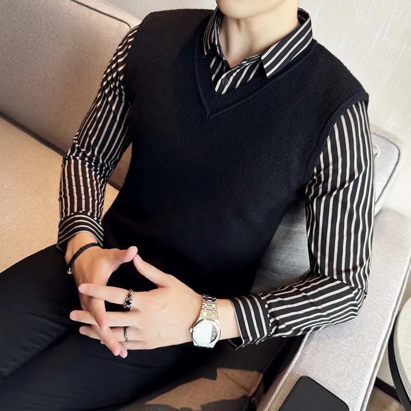 

Fashion Fake-2Pieces Striped Long Sleeve Spliced Sweaters For Men Clothing Business Casual Slim Fit V Neck Pull Homme Black 3XL