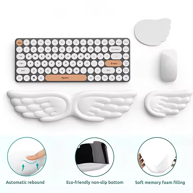 Reposamuñecas para Teclado y Ratón, Almohadilla de Espuma Viscoelástica con Diseño de Alas de Ángel, Soporte Ergonómico Antideslizante para Computadora Portátil, Escritura Fácil