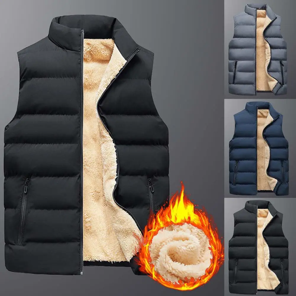 Casual Winter Waistcoat Padded Highly Warm Plush Stand Collar Zip-up Vest Thermal Thick Men Waistcoat For Going Out High Quality