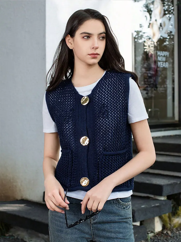 HH Women Fashion Solid Metal Buttons Knitted Cardigan Waistcoat O Neck Sleeveless Sweater With Pockets Office Lady Outwear