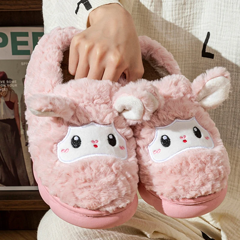 Cute Little Sheep Cotton Slippers for Women Bag Heel Warm Cotton Indoor Shoes Woman Soft Short Plush Home Slippers Ladies