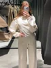 Elegant Solid Top Pants Women Set Long Sleeve O-neck Pleated Tops Wide Leg Trousers Suits 2024 Autumn Vacation Lady Suit 5