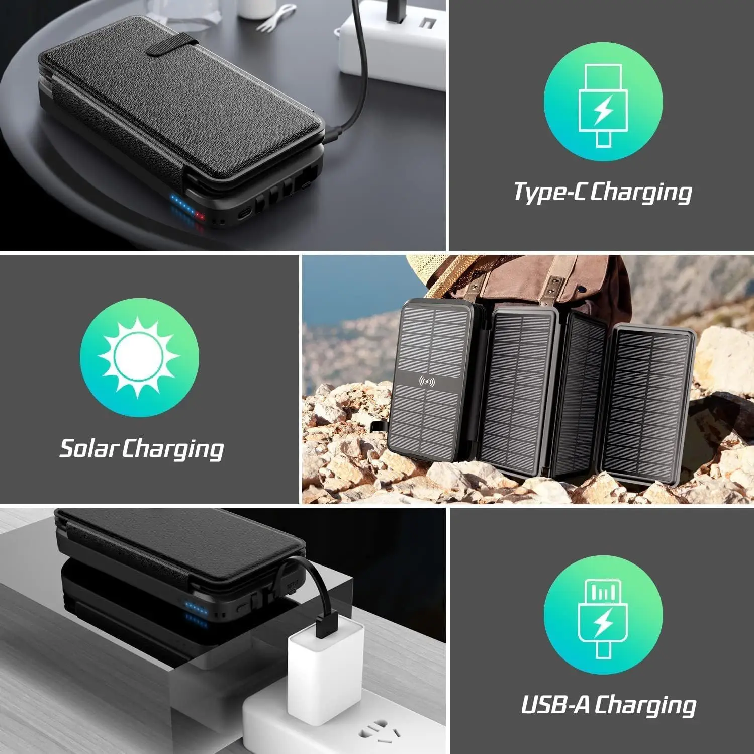 Solar Power Bank 43800mAh Built in 4 Cables 20W Fast Charging Battery Pack PD22.5W Fast Charging 10W