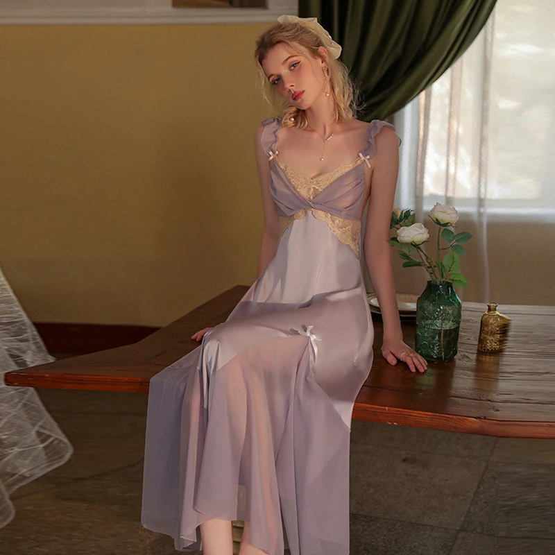 IRENE TINNIE New Women Sexy Sleepwear V-Neck Lace Female Nightdress Purple Homewear Nightgown Long Pajama Bifurcation Nightwear