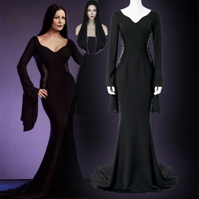 Addigs Sunday Morticia Addams Costume Cosplay Halloween Sexy Dress Parrucca Donne Adulte Punk Gothic Witch Lace Up Slim Gown Dress
