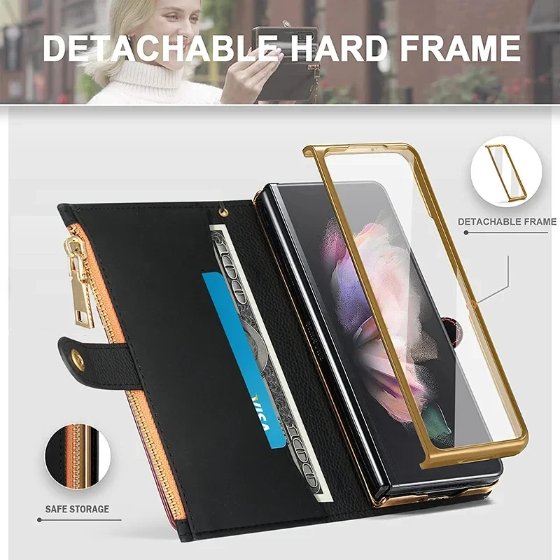 Leather Wallet Case For Samsung Galaxy Z Fold 4 3 5 ZFold4 ZFold3 ZFold5 With Pen Holder Card Slot Zipper Flip Cover