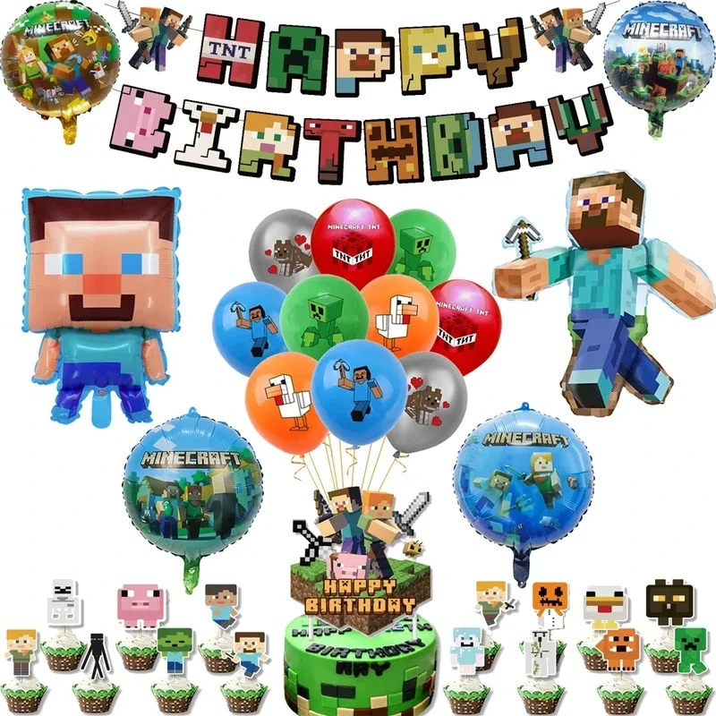 Minecraft Balloons Pixel Game Happy Birthday Banner Party Decoration Cup Plate Disposable Tableware Cake Topper Supplies Toys