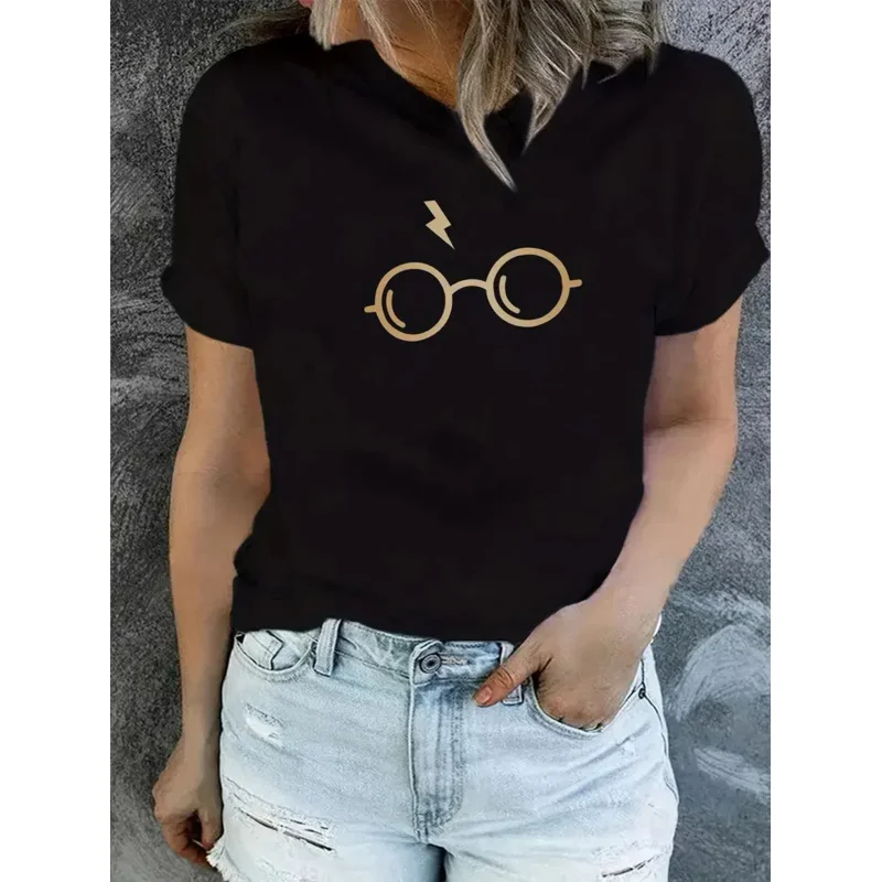 

Glasses Print T-Shirt Summer Short Sleeve Causal Top Women's Clothing Y2K Harajuku Casual Streewear Clothes