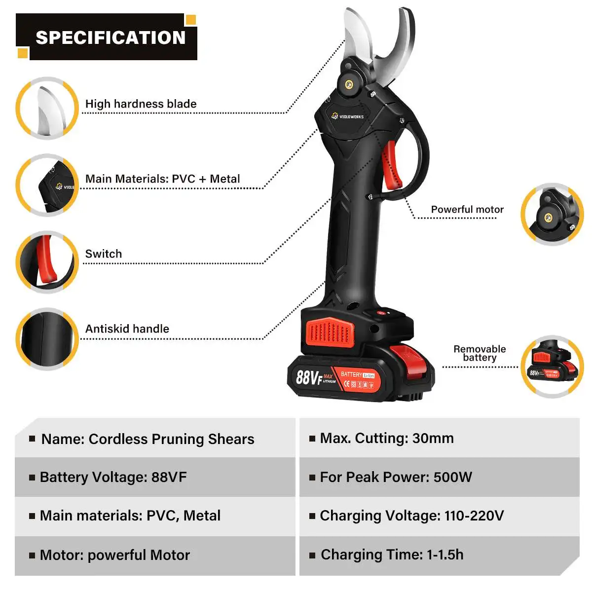 VIOLEWORKS 30mm 88V 무선 정리기 가지 치기 전단 효율적인 과일 나무 분재 가지 치기 전기 나무 가지 커터 조경