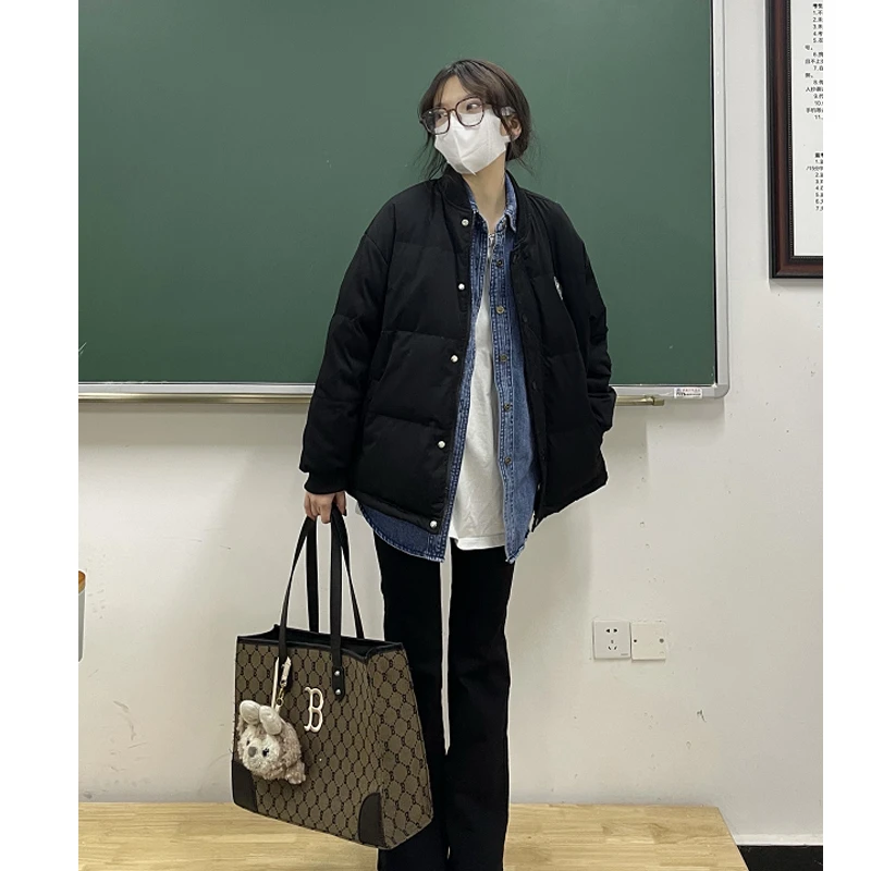 

Short Down Coats Baseball Uniform Special Offer Women's Winter White Duck Down Jacket Women Round Neck Loose Coat Куртка Женская