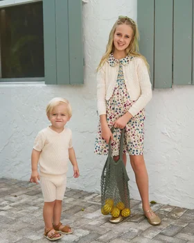 Clearance sale AS  SS25 summer Smocking dress Beige Floral & Cableknit collection for girls boys familly match clothes 1