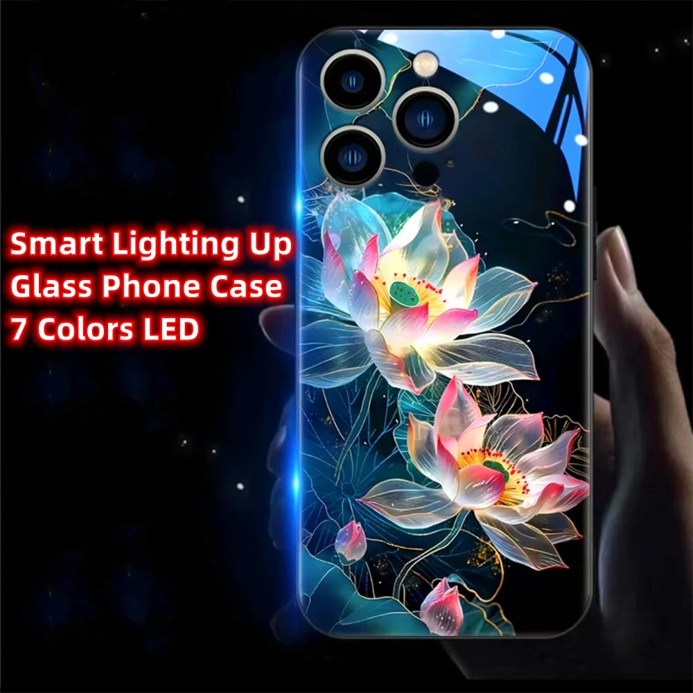 

Lucky Lotus Flower Luminous Glass LED Call Light Up Flash Phone Case Cover For iPhone 15 14 13 12 11 Pro Max X XR XS Plus SE2020