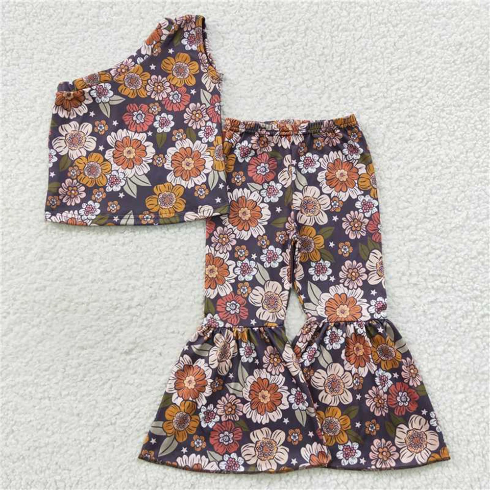

Wholesale western boutique outfit hot sale Floral vintage one-shoulder pantsuit set baby girls clothes children's clothing