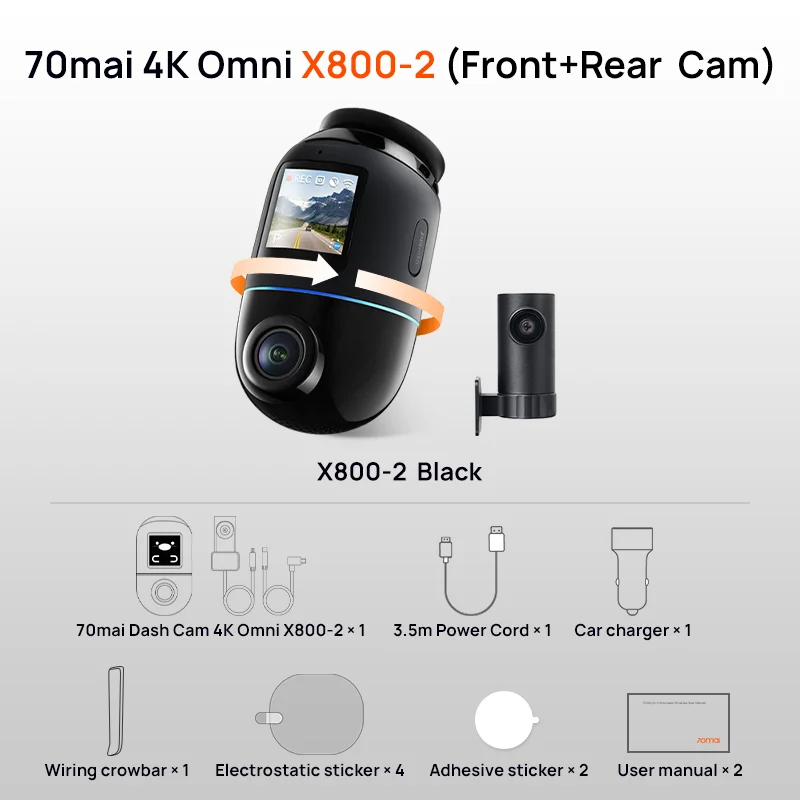 70mai 4K Dash Cam Omni X800 360° Rotating HDR Car Camera Built-in