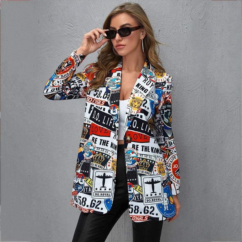 

Fall Vintage Blazer Jacket Plus Size Female High Street Irregular Letter Printing Fashion Long Sleeve Coat New Stylish Women