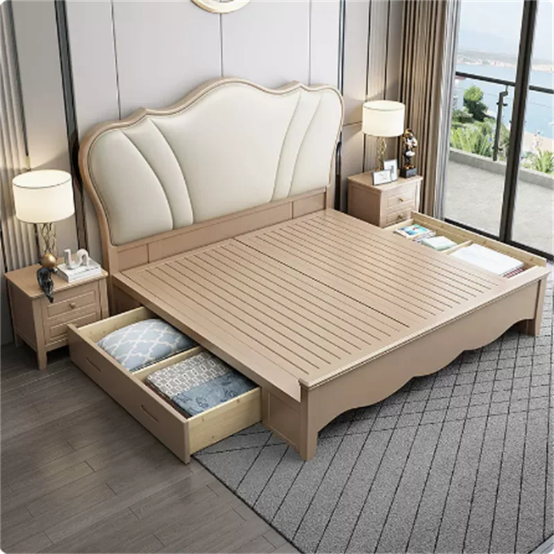 

Modern simple light luxury American style solid wood double bed 1.5m 1 .8m bedroom furniture drawer storage princess wedding bed