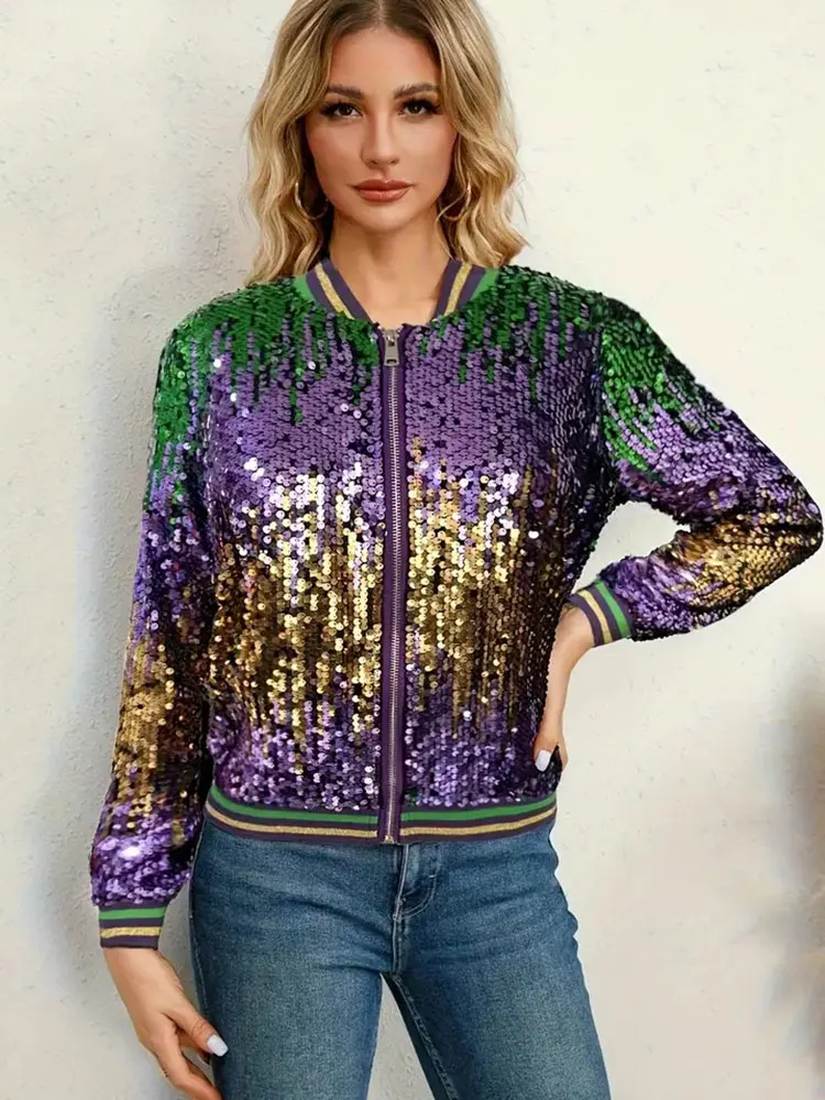 

Mardi Gras Sequined Jacket Casual Crew Neck Long Sleeve Sequin Jacket For Fall & Winter, Women's Clothing