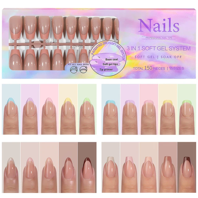 150Pcs/Box Acrylic Press on Nails Full Cover Fake False Tips Soft Gel Extension T-shaped Oval Capsule Almond Sculpted Salon DIY 2