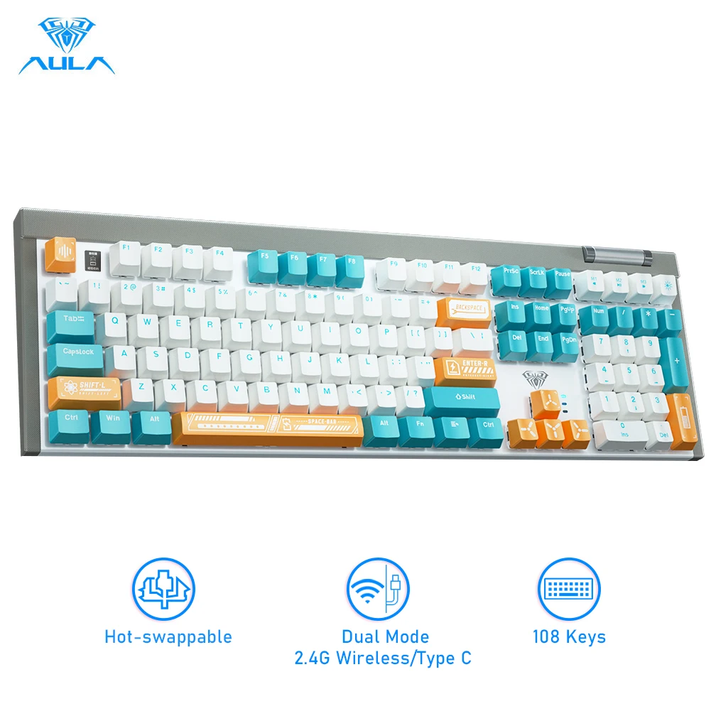 

AULA F3050 2.4G+Wired Dual Mode Hot-swappable 108 Key Gaming Mechanical Keyboard Cool Light For Computer Gamers（Free 10 keycaps）