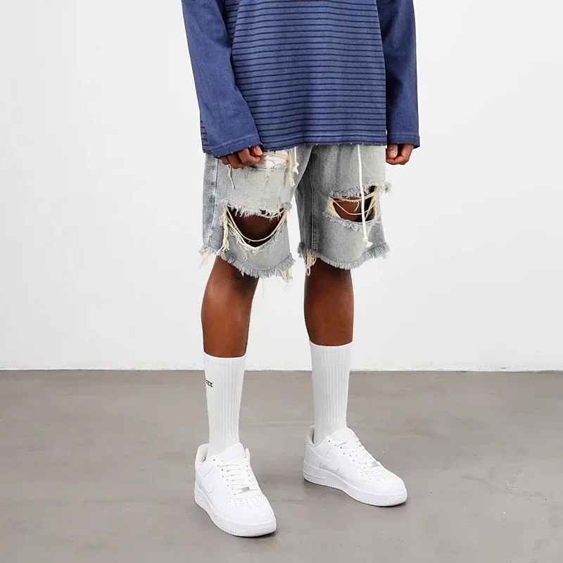 High Street Big Hole Versatile Loose Denim Shorts Slatt American Fashion Damaged Burr Edge Hanging Beard Washed