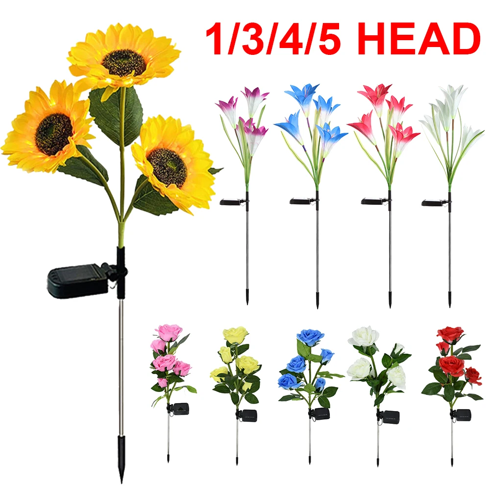 1/3/4/5 Head Solar Simulation Rose Lights Sunflower LED Lights Outdoor Waterproof Garden Lamp Patio Lawn Night Lamp Flower Light