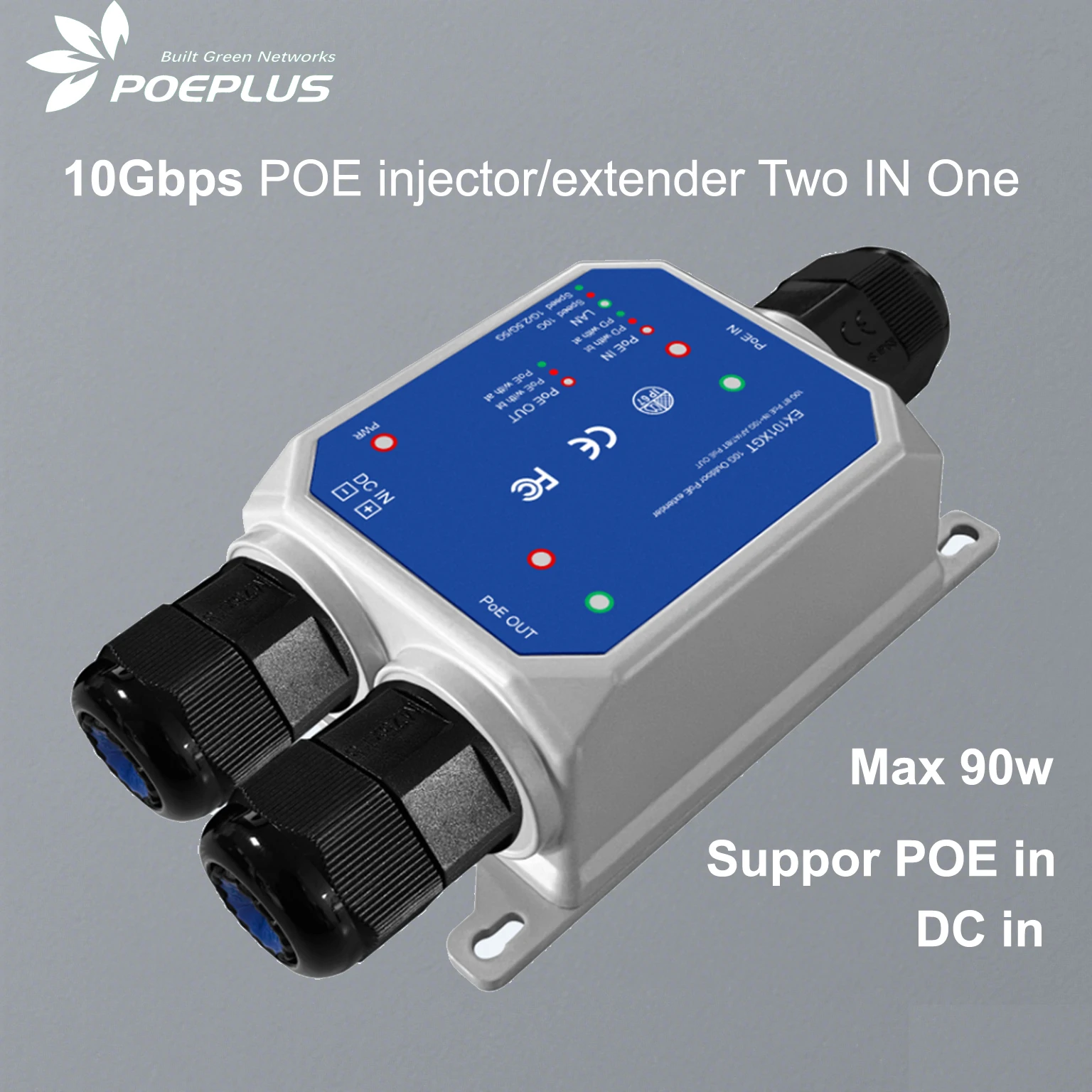 IP67 방수 야외 PoE 확장기 1G/2.5G/10Gbps 단일 포트 PoE 리피터 최대 90W 입력 및 출력