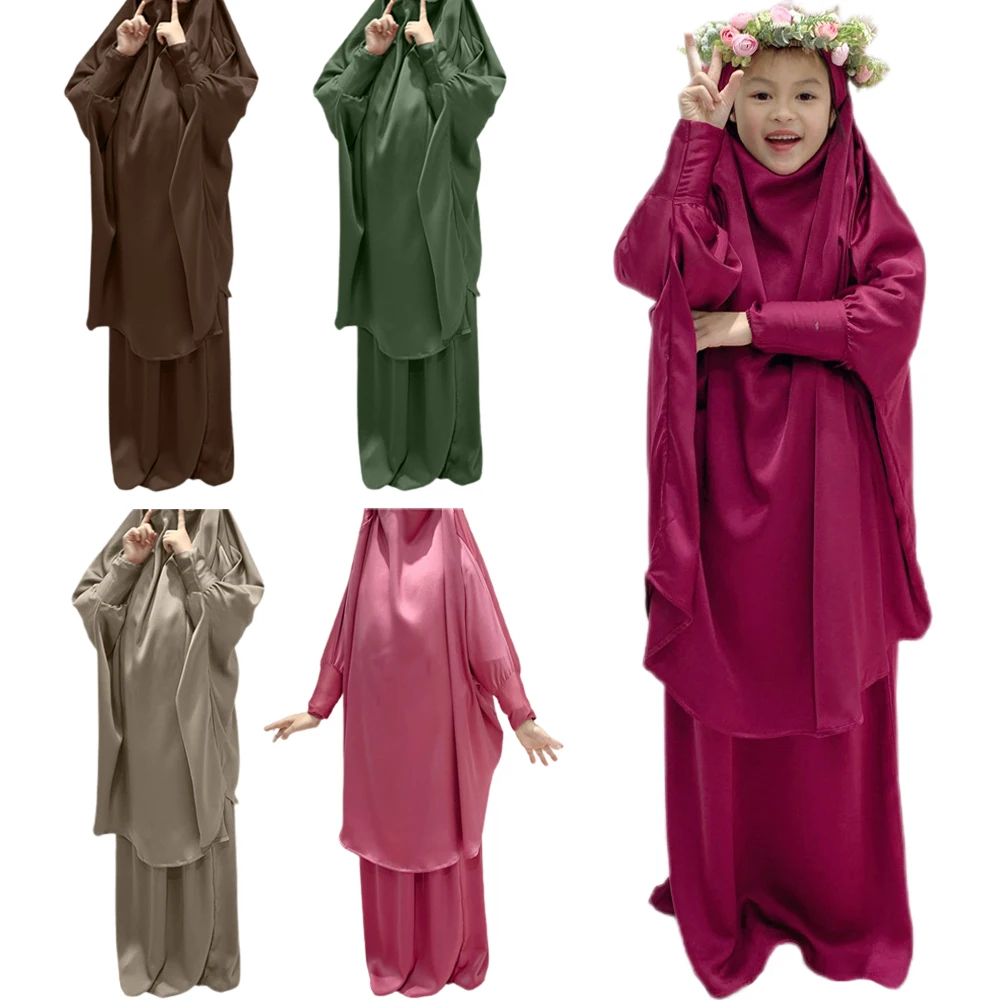 2PCS Muslim Kids Girls Khimar Skirt Set Islamic Prayer Garment Clothing Niqab Burqa Saudi Arabic Child
